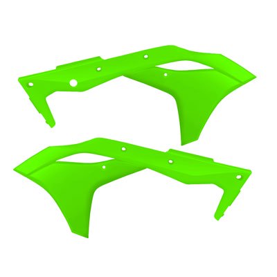 Fluro green Acerbis radiator scoops designed for Kawasaki KXF250 models from 2017 to 2020, featuring a durable plastic construction and aerodynamic shape.