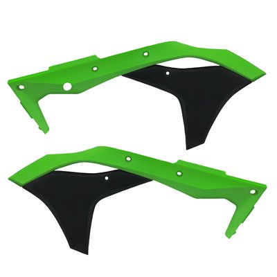 Green and black Acerbis radiator scoops designed for Kawasaki KXF250 models from 2017 to 2020, featuring a durable plastic construction and a sleek, aerodynamic shape.