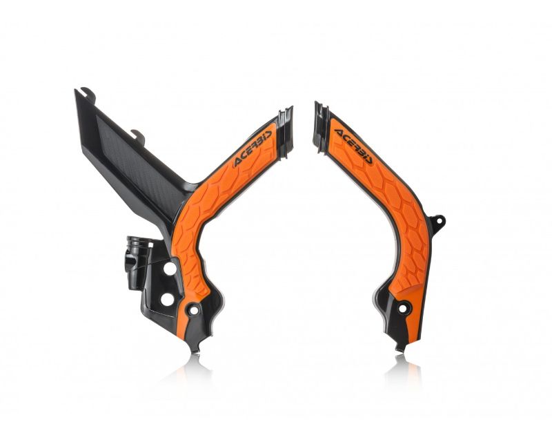 Black and orange Acerbis X-Grip Frame Protector with a textured grip surface and a sleek design, designed for KTM motorcycles, showcasing durable plastic construction.