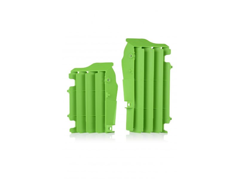 Green Acerbis radiator louvres designed for Kawasaki KXF250 (2021-2024) and KXF450 (2016-2023), featuring a durable plastic material with a ribbed design for enhanced airflow.