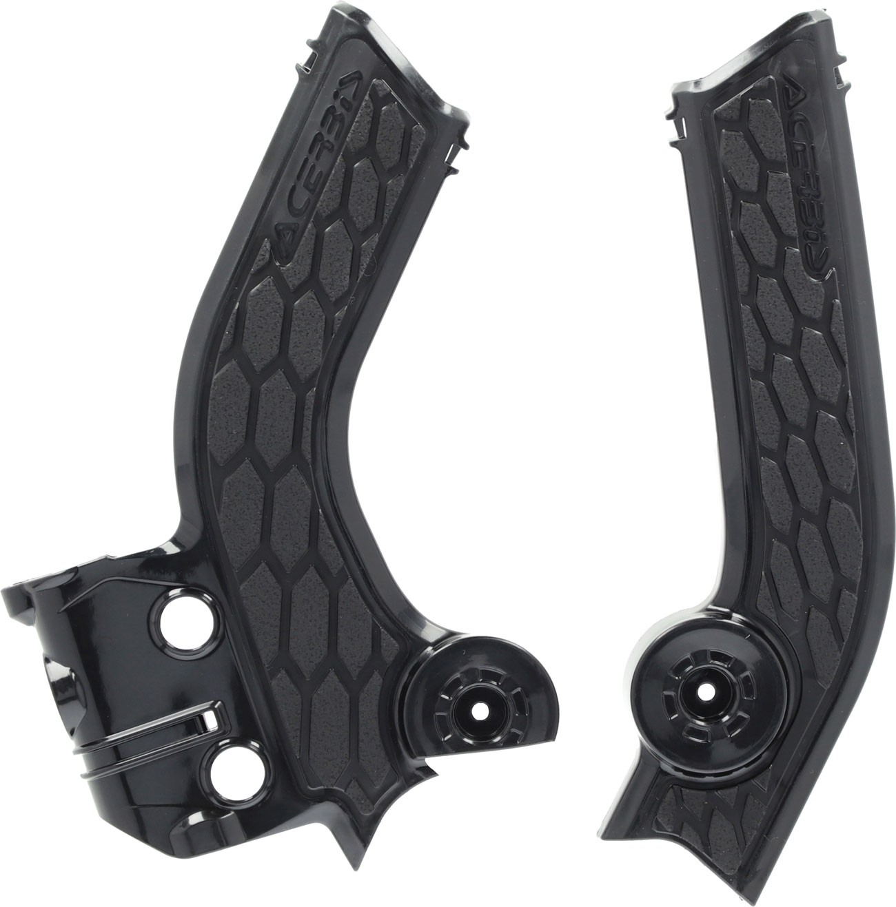 Black Acerbis Kove 450 Rally/Pro X-Grip Frame Protectors featuring a textured hexagonal pattern and mounting holes for easy installation.