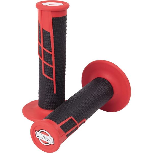 Pro Taper handlebar grips in red and black, featuring a half waffle design, textured rubber for grip, and a solid end cap with the Pro Taper logo.