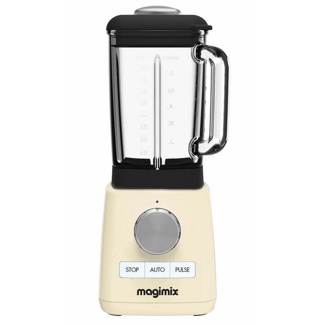 Cream-colored 1.8 L Magimix blender with a transparent glass jug, stainless steel handle, and control dial featuring stop, auto, and pulse settings.
