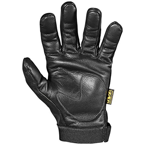 Black leather glove with a textured palm, five fingers, and a snug wrist strap, designed for durability and grip.