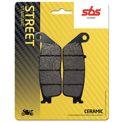 Black ceramic brake pads with a textured surface, packaged on a yellow and black background, labeled "SBS" and "STREET STANDARD," designed for Derbi Atlantis 100 (2004-2006).
