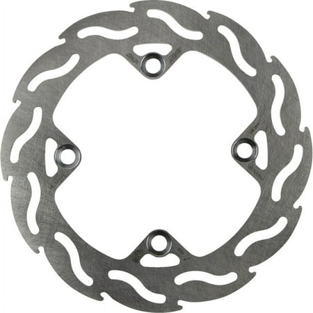 Silver metallic fixed rear brake disc with a wavy design and five mounting holes, designed for the Kawasaki KFX400 2X4, part of the Moto Master Flame Series.
