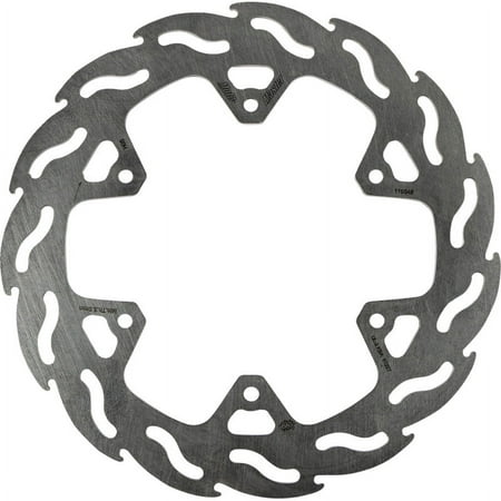 Round, metallic rear brake disc with a flame pattern, designed for Yamaha WR250X models from 2008 to 2014, featuring multiple mounting holes and a sleek, silver finish.