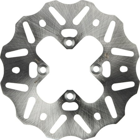 Silver stainless steel rear brake disc with a circular design, featuring a cross pattern and multiple cutouts, specifically designed for KTM SX65 models from 2000 to 2022.