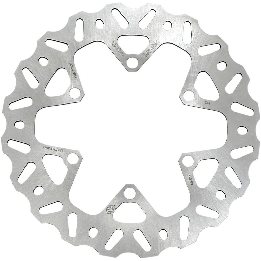 Silver stainless steel brake disc with a circular design, featuring a scalloped edge and multiple cutouts for weight reduction, specifically designed for Kawasaki KX85 motorcycles.