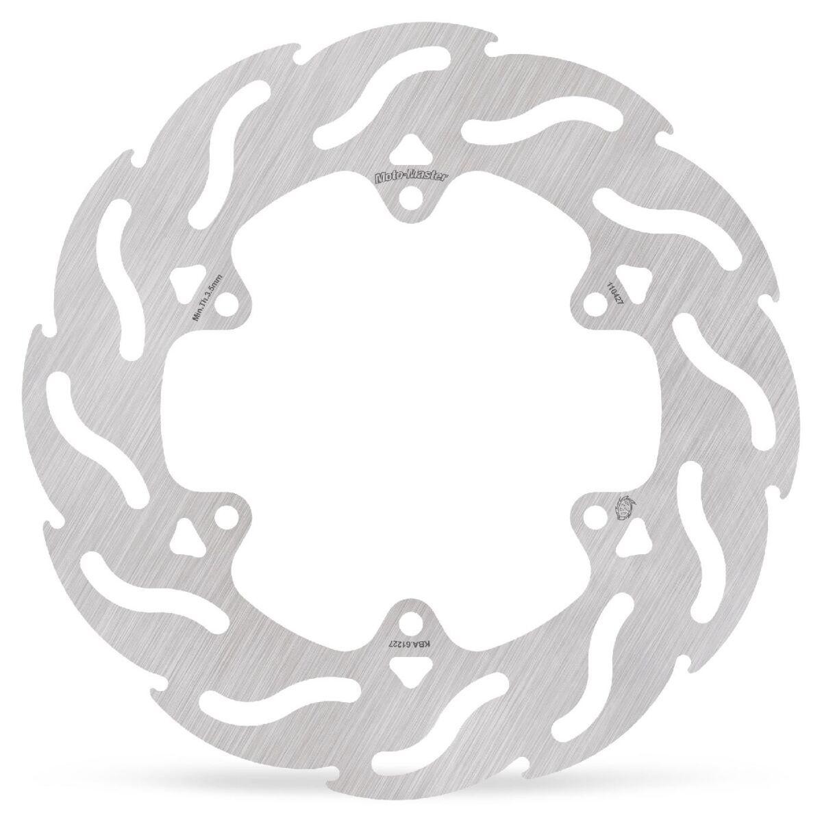 Silver stainless steel brake disc with a flame pattern design, specifically designed for the Vespa 946 Red 125 model from 2019-2020, featuring multiple mounting holes.