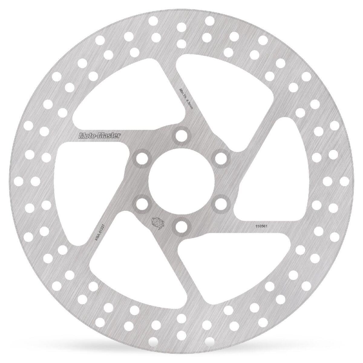 Silver stainless steel brake disc with a circular design, featuring multiple holes and cutouts, specifically designed for Suzuki VS 800 GL, marked with "Moto Master" and model number "110561."