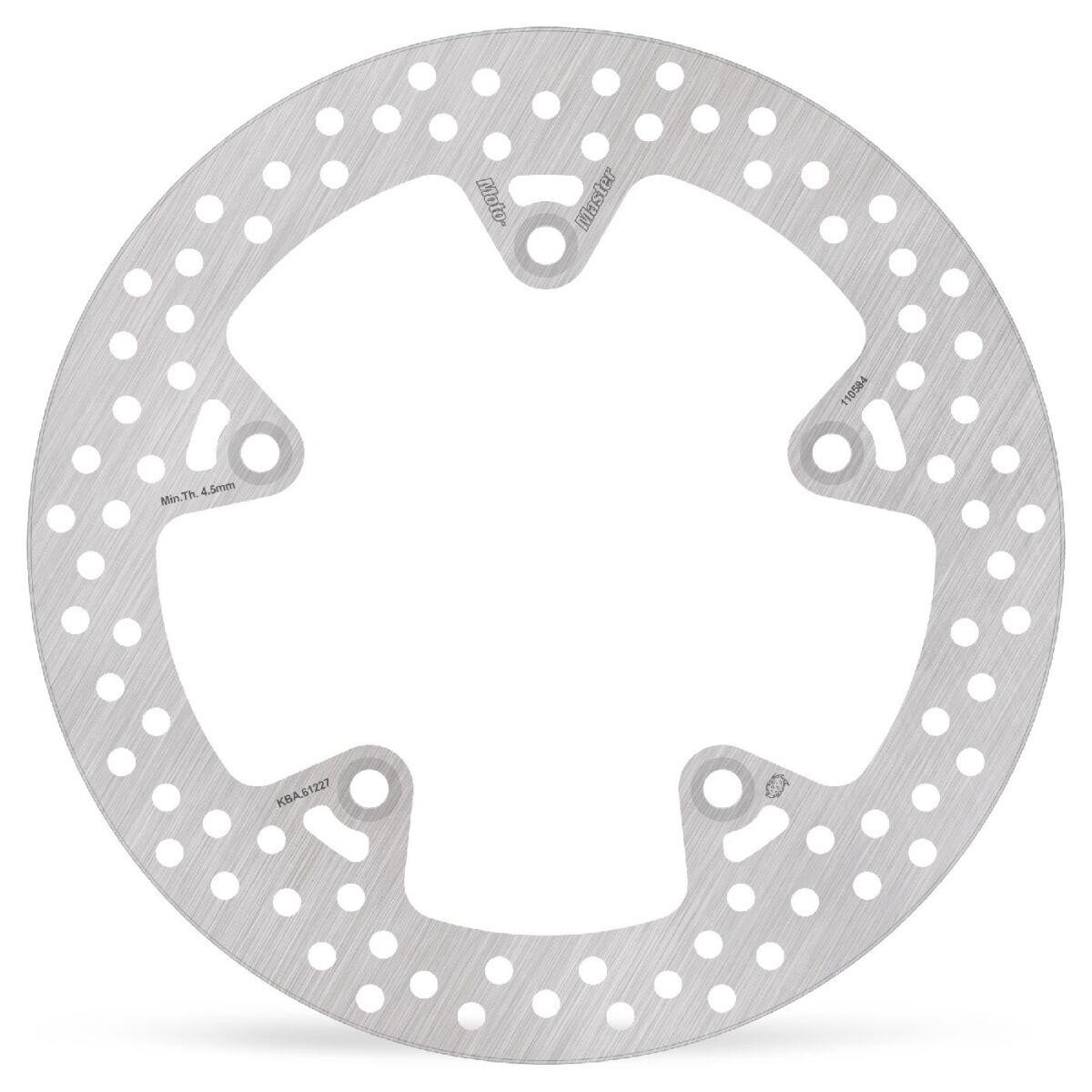Silver stainless steel rear brake disc featuring a circular design with multiple perforations, specifically designed for BMW R 1200 GS models from 2011 to 2019.