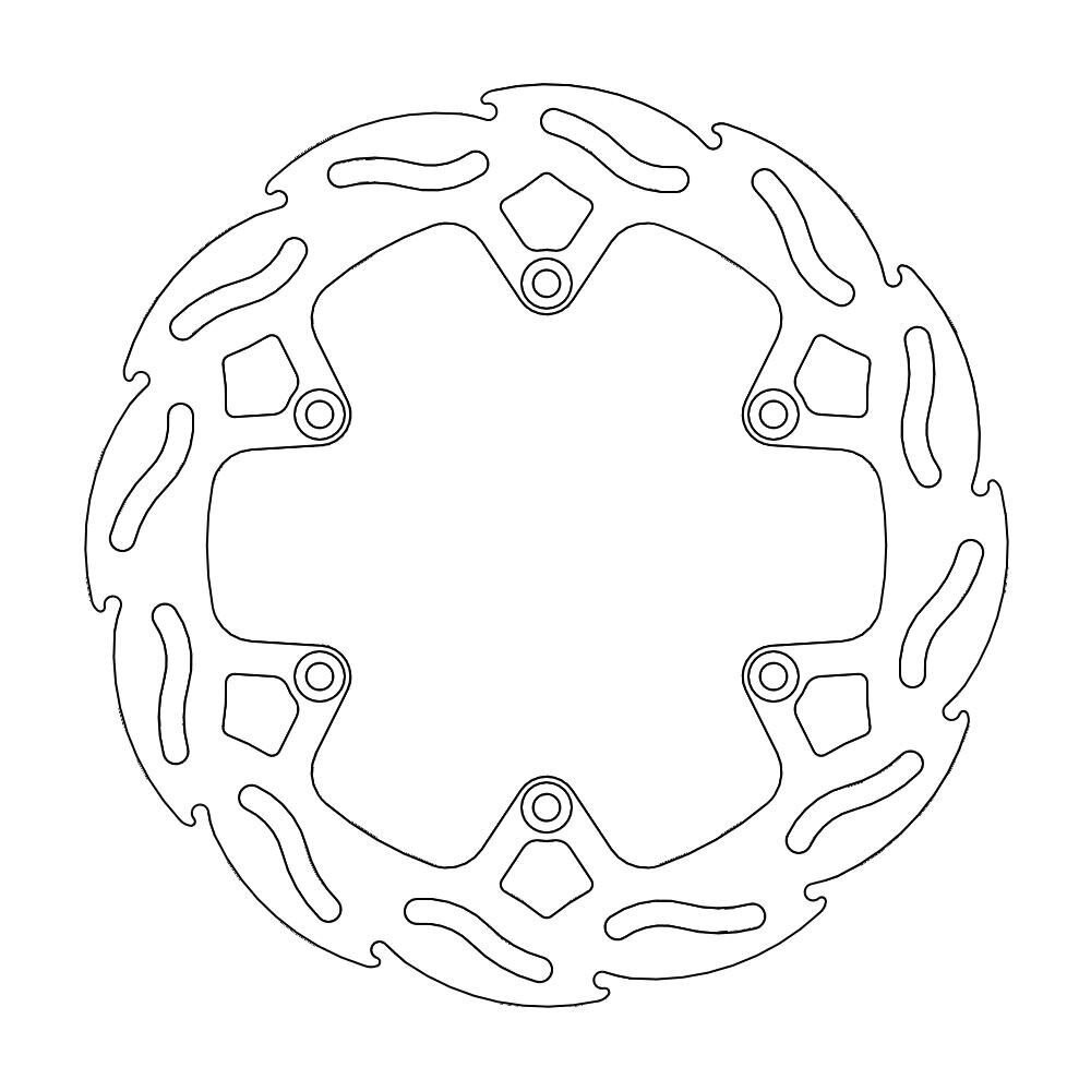 Moto Master Flame Series fixed brake disc in silver with a unique flame-pattern design, featuring six mounting holes for Yamaha YZF450 compatibility.