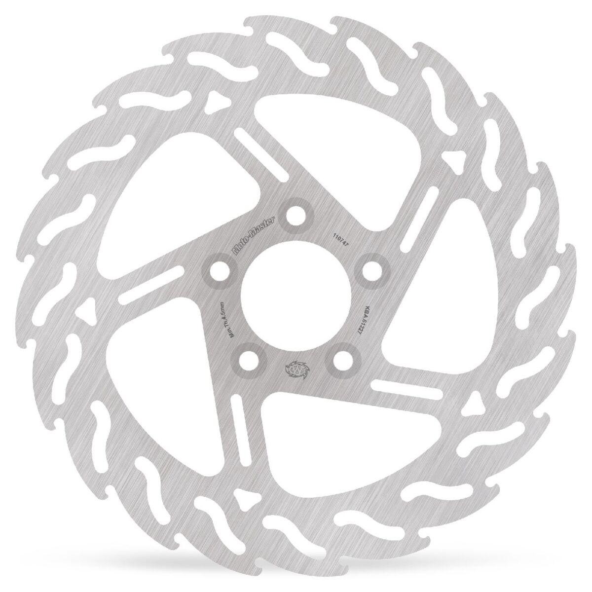 Silver fixed brake disc with a flame design, featuring five spokes and a smooth finish, designed for Harley Davidson FLD 1690 models from 2012-2013.