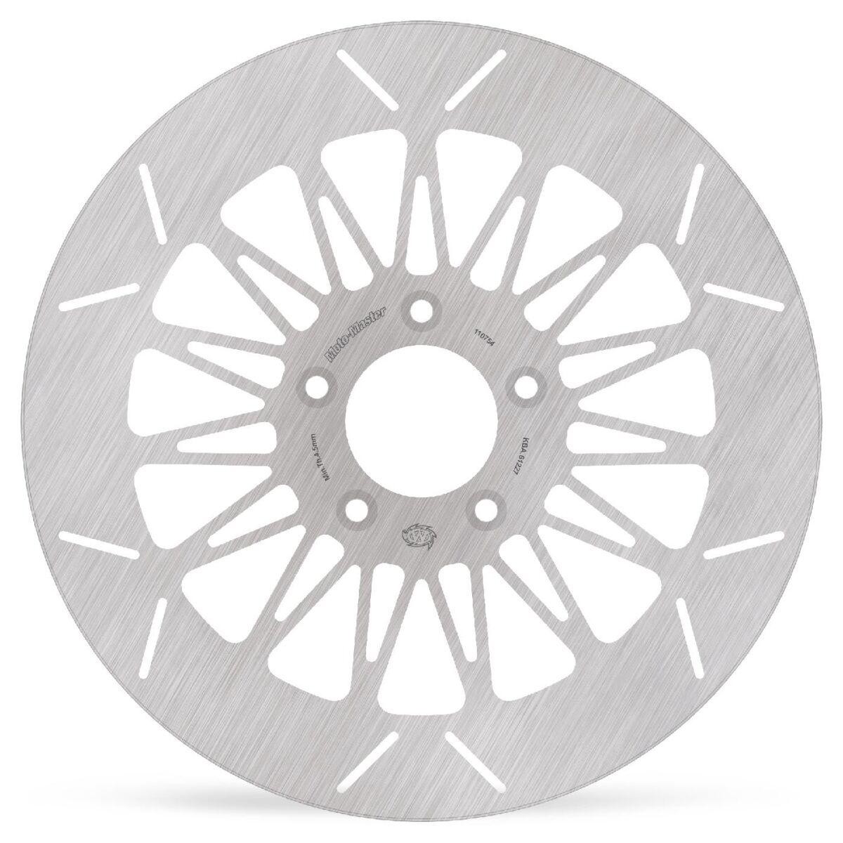 Silver fixed dimpled brake disc with a circular design, featuring multiple cutouts and a central mounting hole, designed for Harley Davidson FLDE 1750 models from 2018-2020.