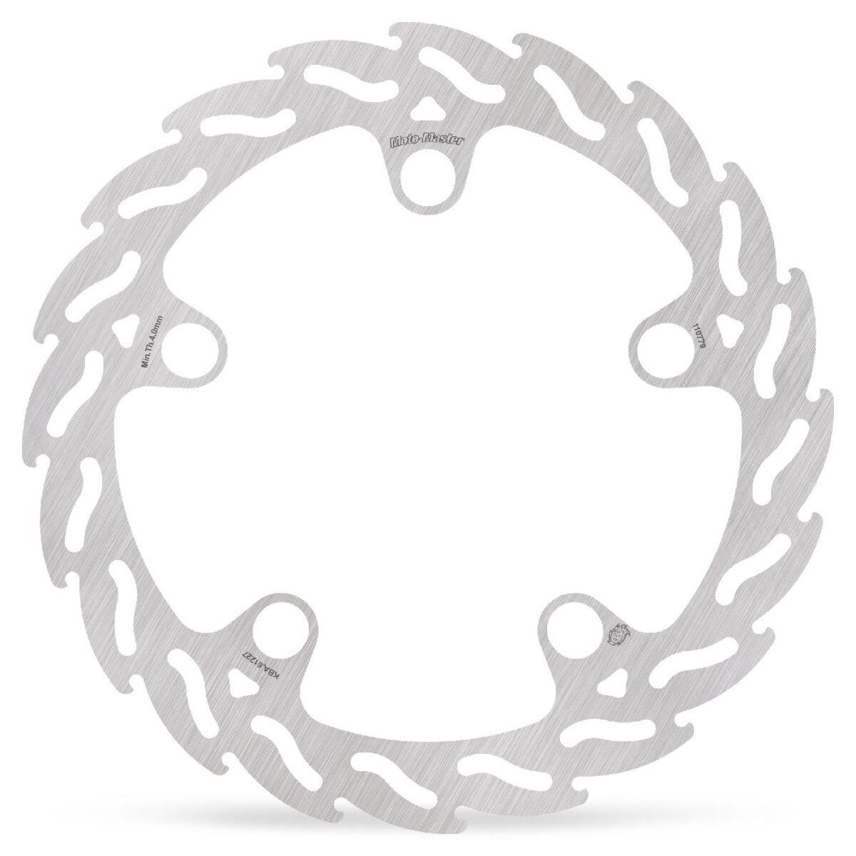 Silver stainless steel fixed front brake disc with a flame design, featuring multiple cutouts and mounting holes, designed for the Honda CBR500R 2022 model.