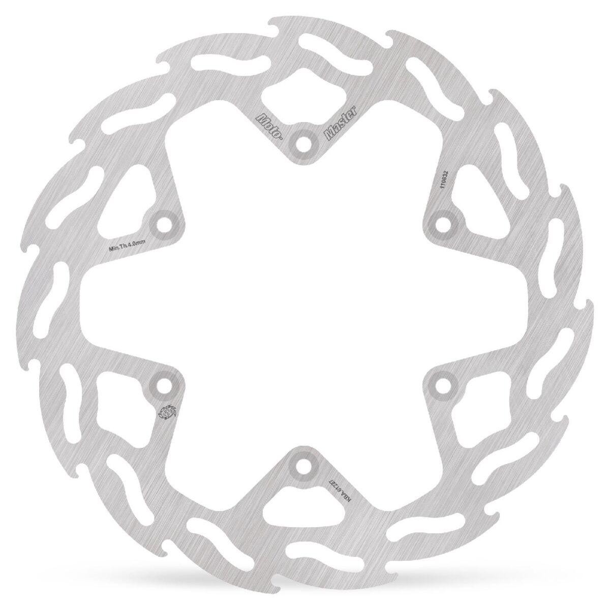 Silver rear brake disc with a flame design, featuring cutouts for weight reduction, specifically designed for Fantic XX 250 models from 2022-2023.