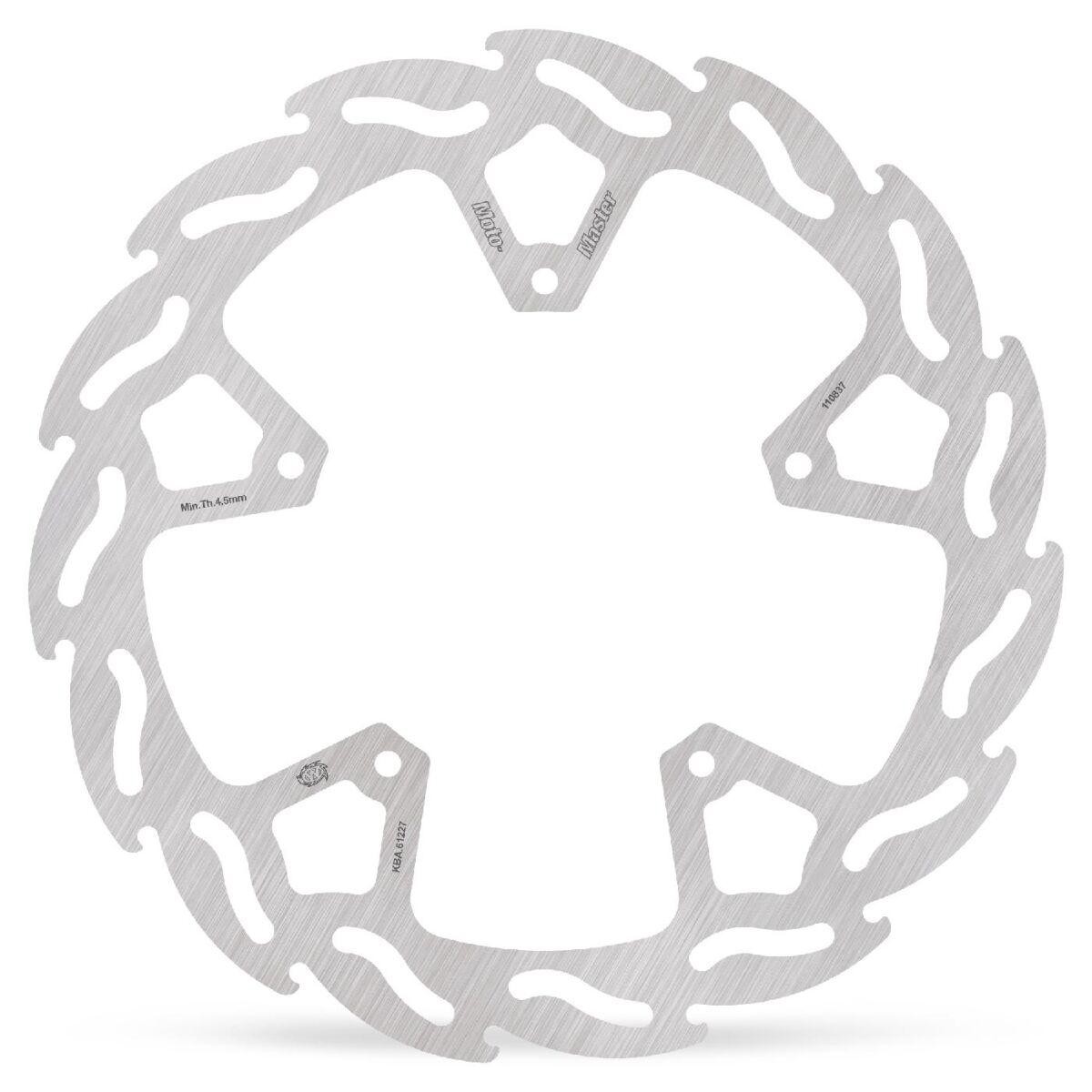 Silver stainless steel fixed brake disc with a flame design, featuring five mounting holes, designed for BMW M 1000 XR ABS models from 2020 to 2025.