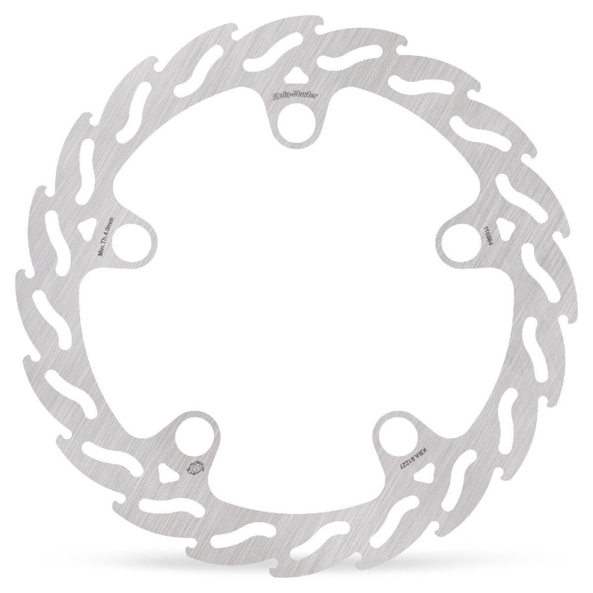 Silver fixed brake disc with a flame pattern, designed for the front left of a 2024 Honda CB500, featuring multiple mounting holes for installation.