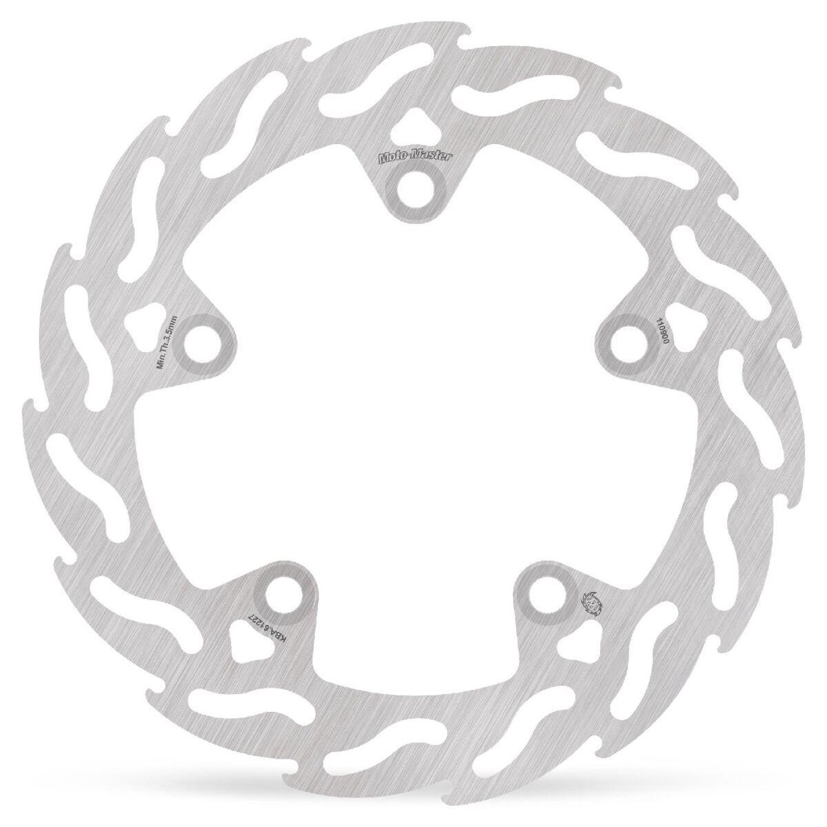 Silver Moto Master Flame Disc for Honda PCX 150, featuring a unique flame design, made of durable metal with cutouts for enhanced braking performance.