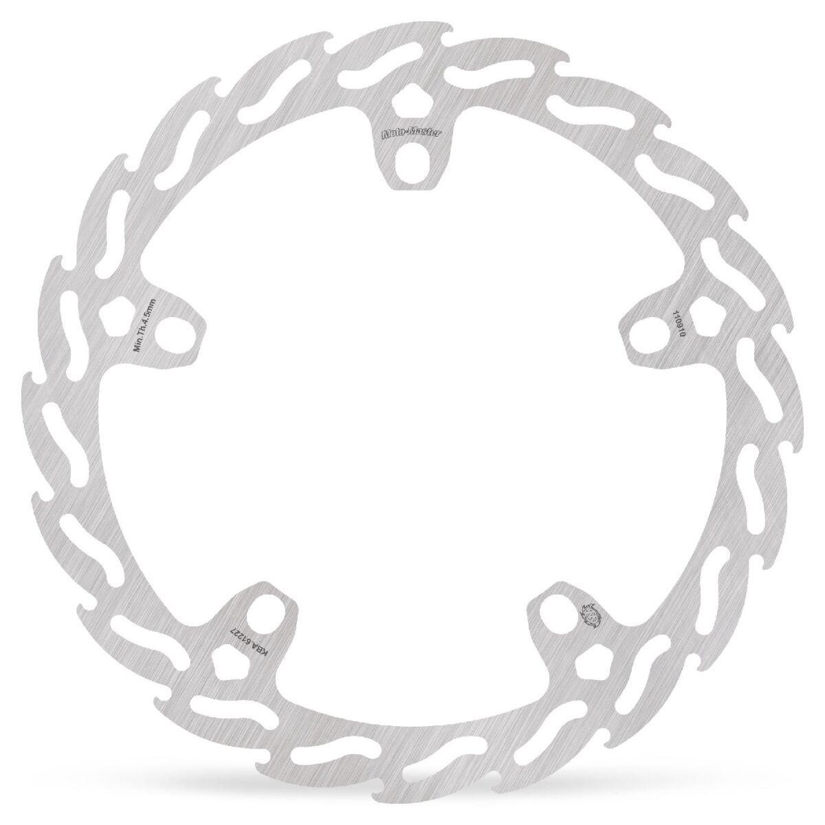 Silver fixed brake disc with a flame pattern, designed for the front left of Indian 101 Scout 1250 ABS models from 2025-2026, featuring a durable metal construction.