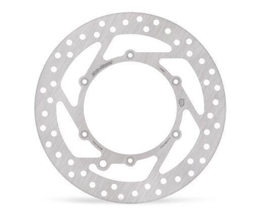 Silver stainless steel fixed brake disc with a circular shape, featuring multiple holes and a smooth surface, designed for the front left of a Gas Gas EC125 2025 motorcycle.