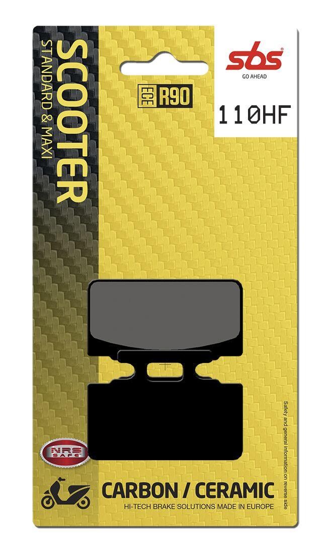 Black ceramic brake pads packaged in a yellow and black card, labeled "110HF - SBS," designed for Sym DD 50 models from 2003 to 2010, emphasizing high-tech braking solutions.