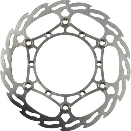 Silver floating brake disc with a flame design, featuring multiple cutouts and holes for lightweight performance, specifically designed for Yamaha YZF450X by Moto Master.