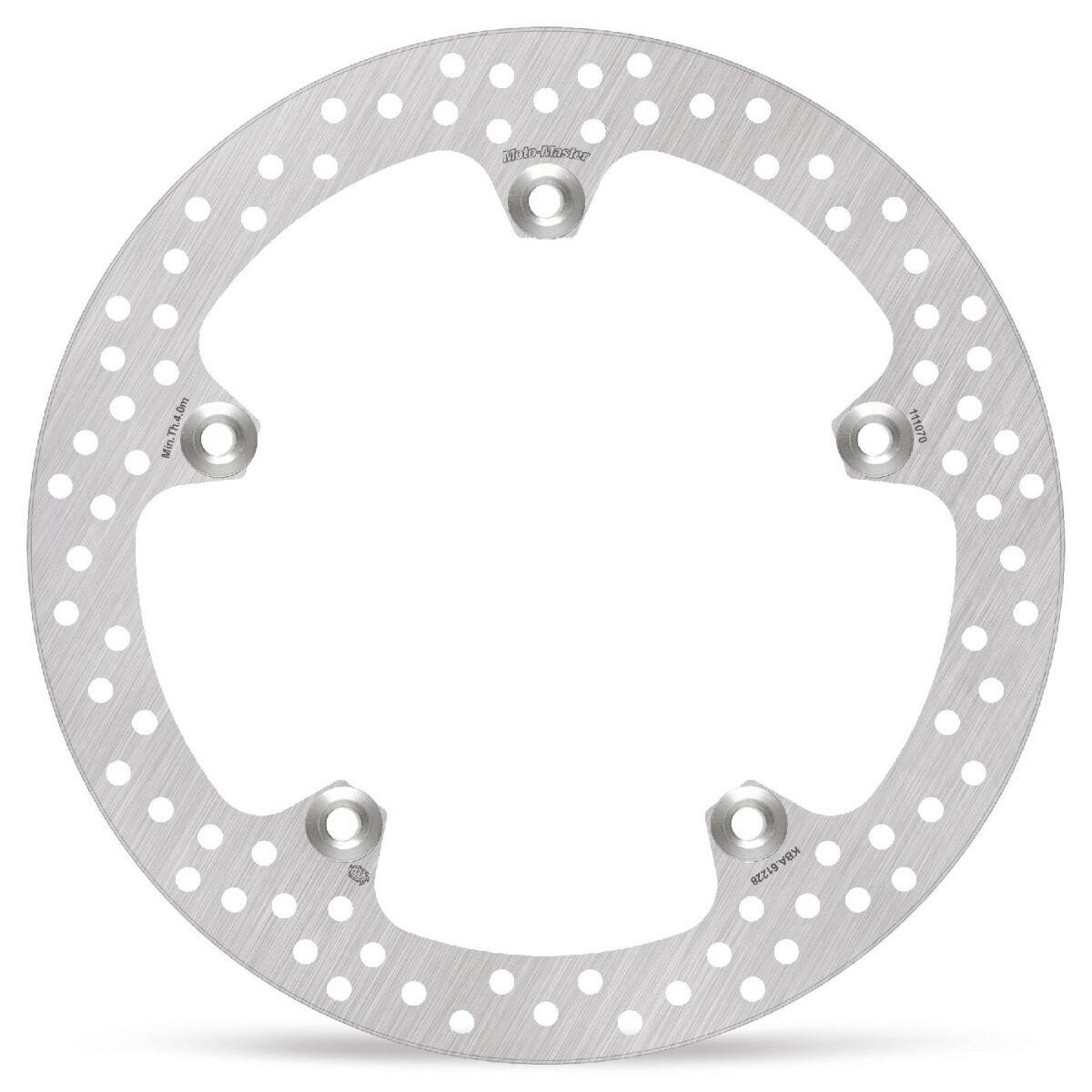 Silver stainless steel fixed front brake disc with a circular shape, featuring multiple holes for ventilation and weight reduction, designed for BMW R 1250 GS models from 2019 to 2024.