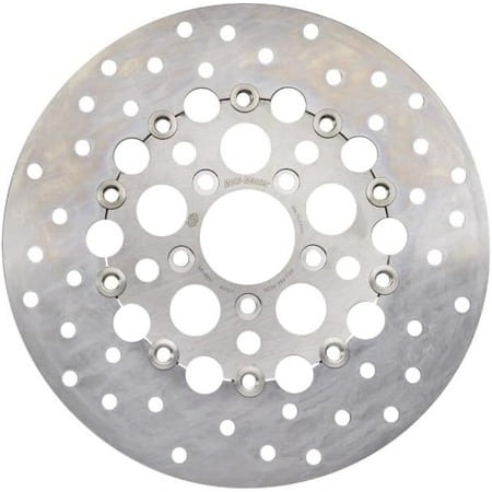 Floating brake disc with a polished steel inner carrier, featuring numerous drilled holes for weight reduction, designed for Harley Davidson FLHR 1450 models from 2000-2003.