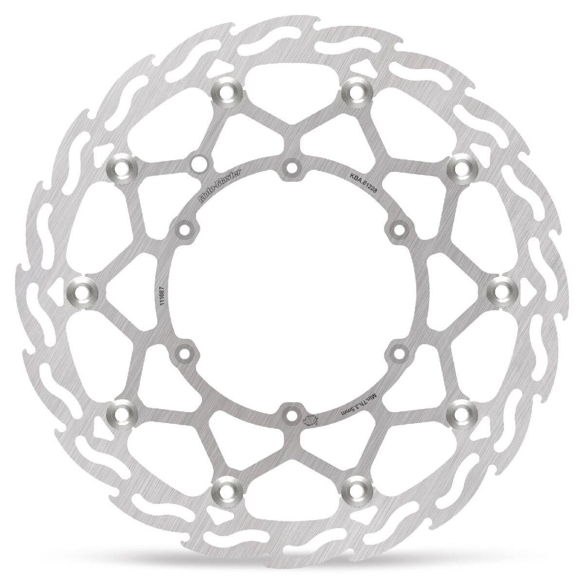 Silver brake disc featuring a flame design, designed for Beta RR-S 500, with multiple mounting holes and a sleek, polished finish.