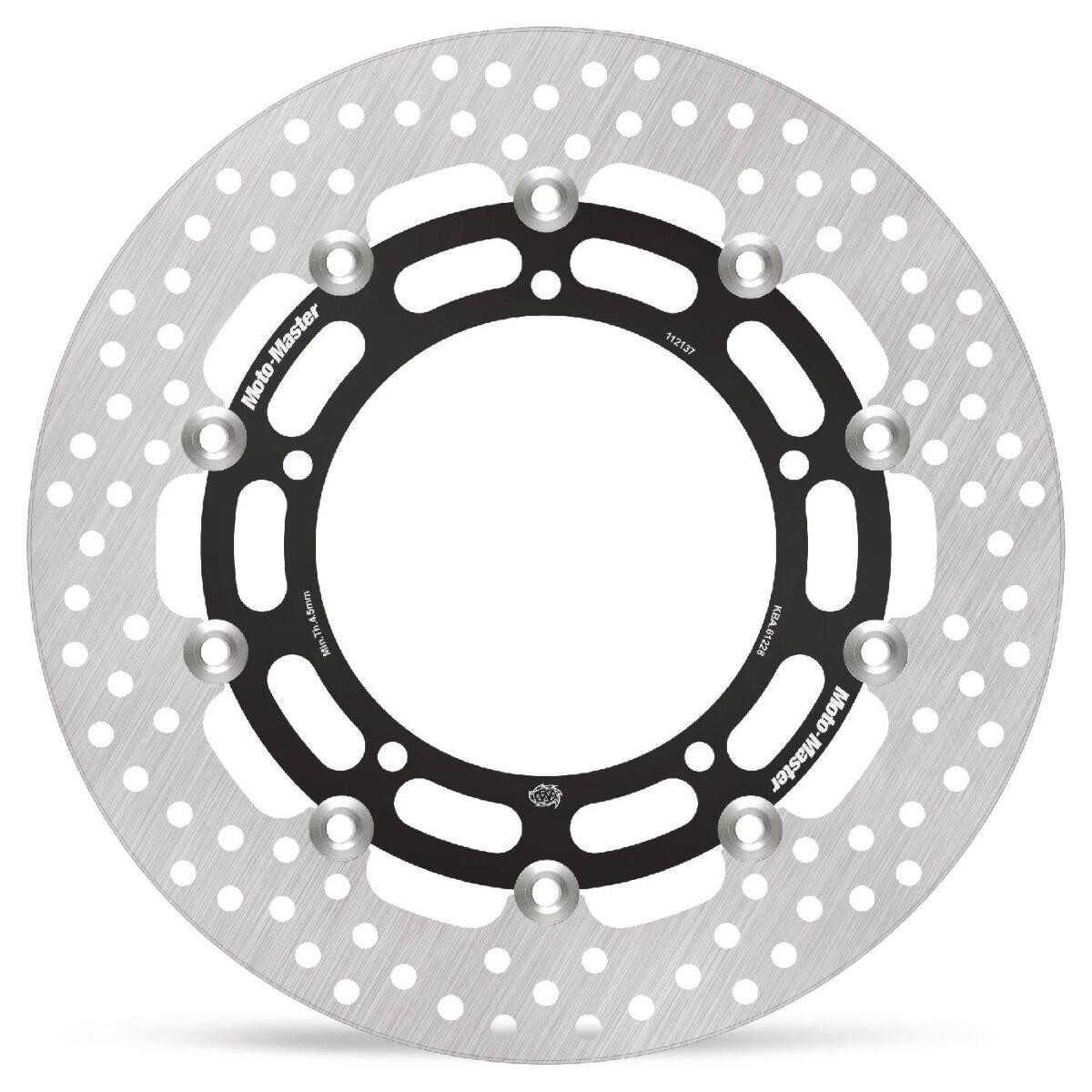 Floating brake disc featuring a silver stainless steel surface with black aluminum center, designed for Yamaha FZ6 600 N models from 2004 to 2008, showcasing multiple drilled holes.
