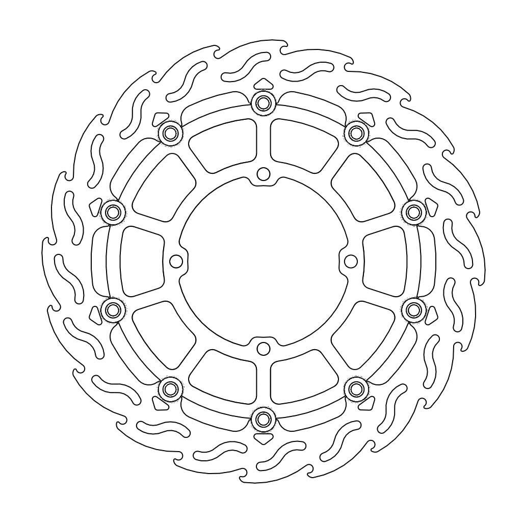 Black Moto Master Flame Series Brake Disc featuring a unique flame design and multiple mounting holes, specifically designed for Kawasaki KX450X motorcycles.