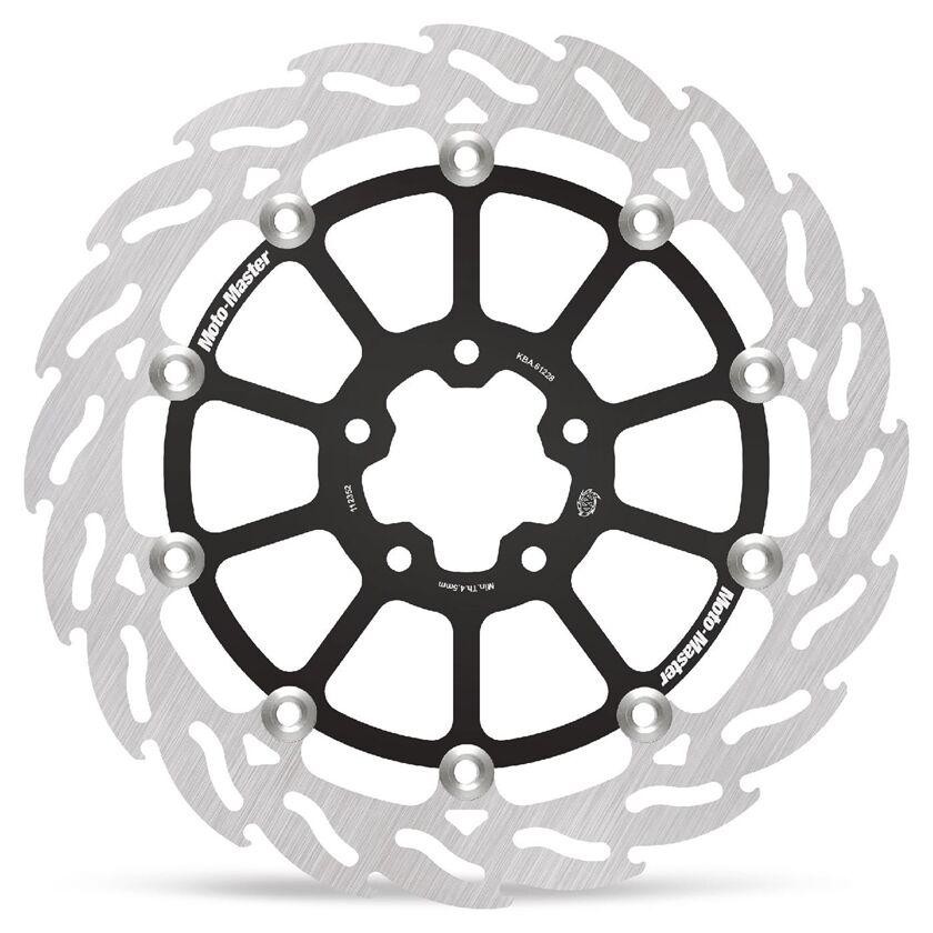Floating brake disc featuring a stainless steel rotor with a flame design, black aluminum carrier, and multiple mounting holes, designed for Harley Davidson RA 1250S ABS 2021-2024.