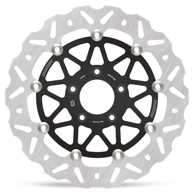 Floating brake disc featuring a silver stainless steel outer ring and a black aluminum center, designed for Harley Davidson FLD 1690 models from 2012-2013, with distinctive cutouts.