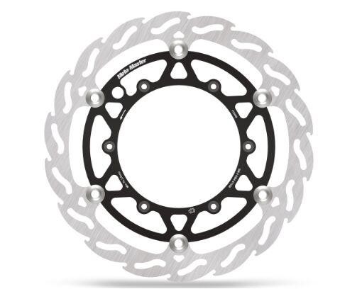 Floating brake disc featuring a silver stainless steel surface with a black center, designed for the Gas Gas EC125 2025, showcasing a flame pattern and multiple mounting holes.
