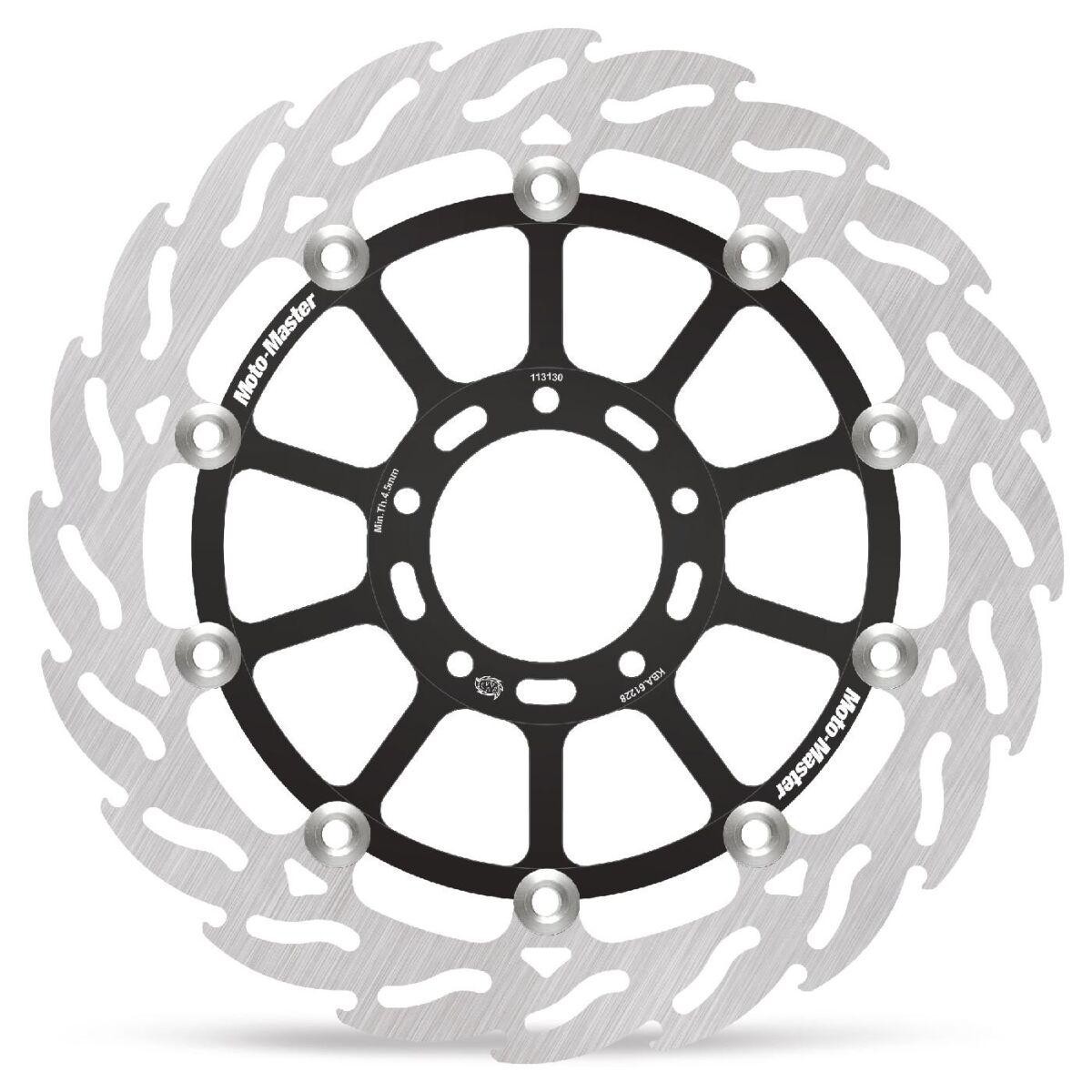 Floating brake disc featuring a sleek black center with a silver stainless steel outer ring, designed for Ducati XDIAVEL 1262S, showcasing a unique flame pattern.