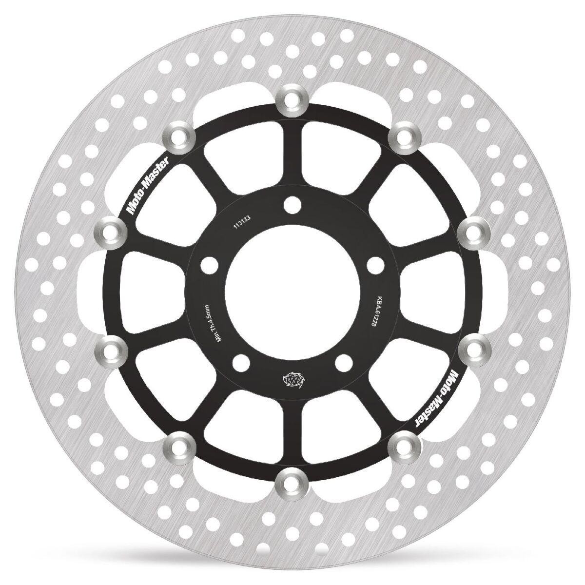 Floating brake disc with a silver stainless steel surface and black anodized aluminum center, featuring multiple holes for ventilation, designed for Triumph Daytona 955 I (2001-2006).