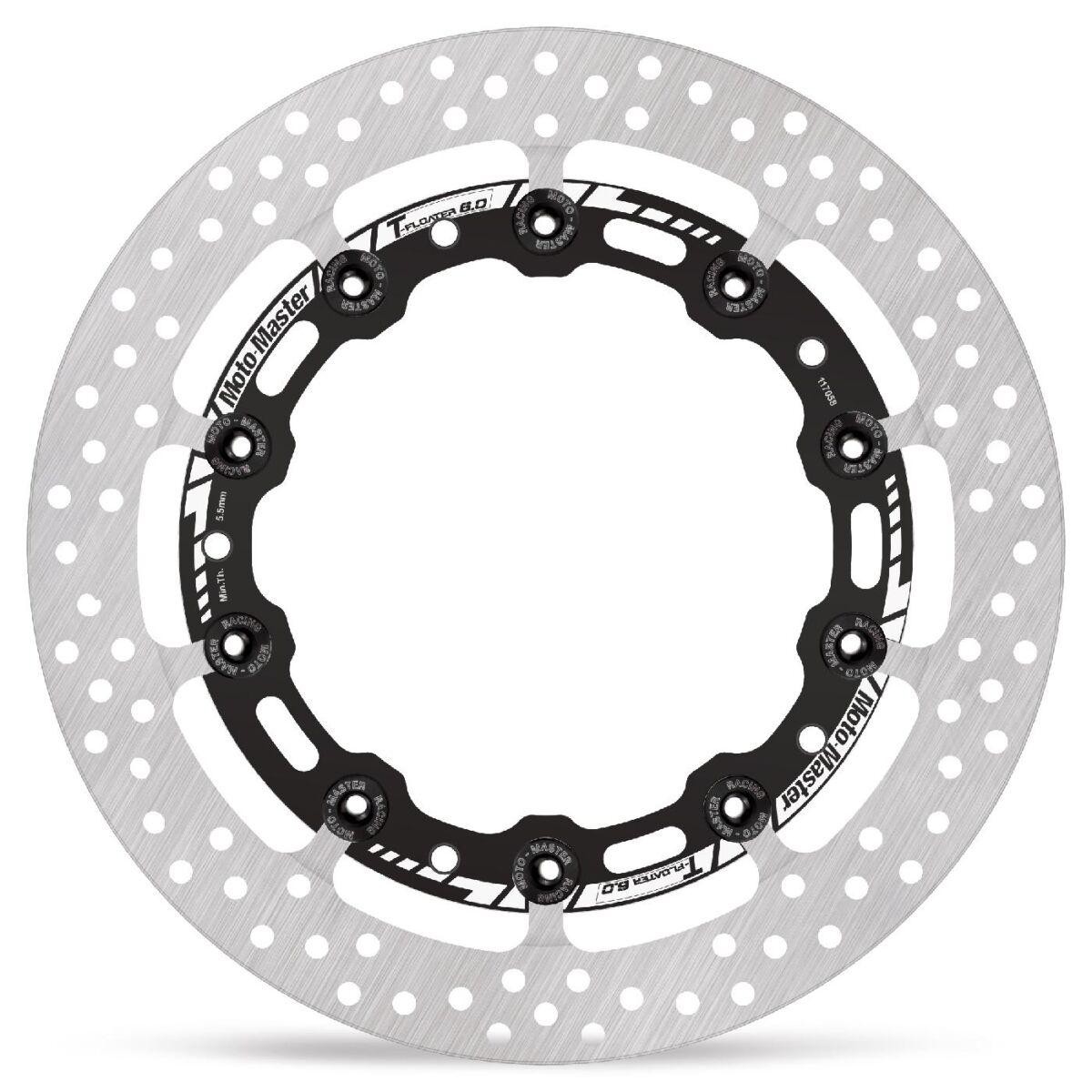 Silver metal brake disc with a circular shape, featuring a black center and multiple holes, designed for the front of BMW F 800 R motorcycles from 2009 to 2019.