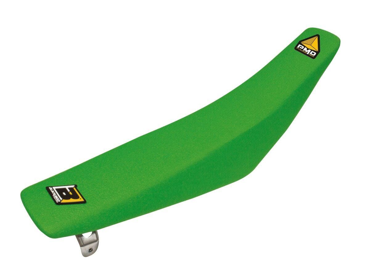 Green pyramid seat cover for Kawasaki KX65 (2000-2020) by Blackbird, featuring a textured surface and logo, designed for enhanced grip and comfort.
