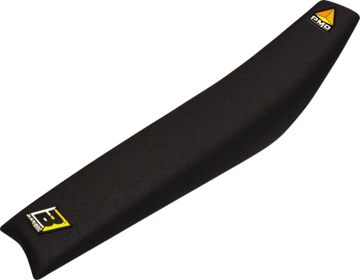 Black pyramid seat cover for KTM SX85 (2018-19) in black with textured surface, featuring a yellow and black Blackbird logo on the side.