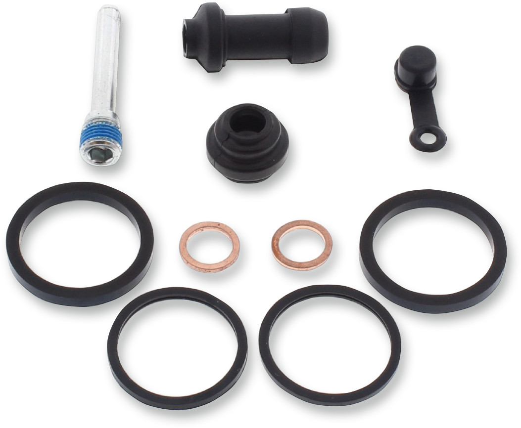 Rear caliper rebuild kit by All Balls, featuring black rubber seals, copper washers, a silver metal bolt with blue threadlocker, and various black rubber components for KTM/Husqvarna/Husaberg models.