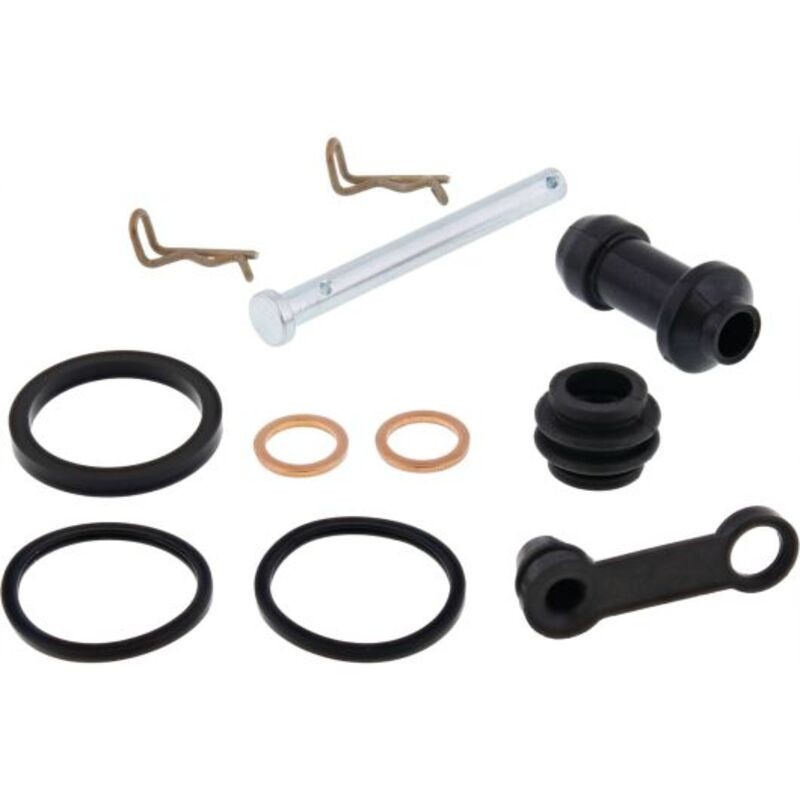 All Balls Caliper Rebuild Kit featuring various rubber O-rings, a metal pin, and clips in black and metallic finishes, designed for motorcycle brake caliper maintenance.