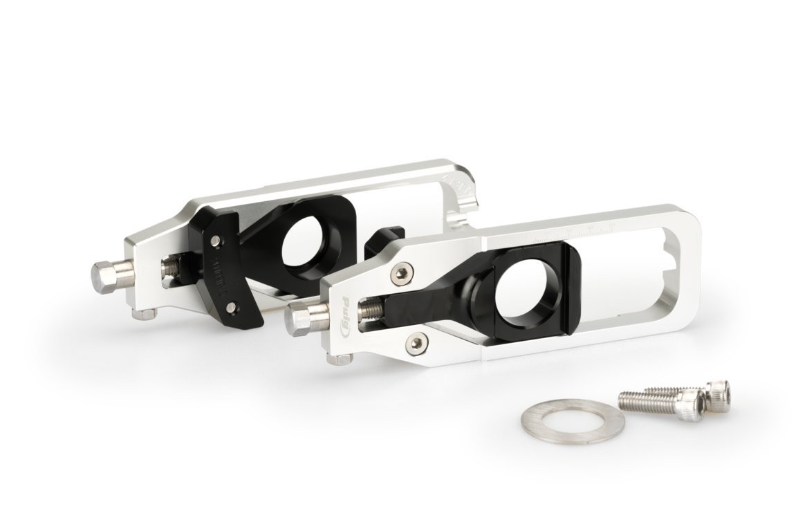 Silver Puig chain tensioner for BMW M1000 R (2023-2025), featuring a sleek design with black accents, includes bolts and washers for installation.