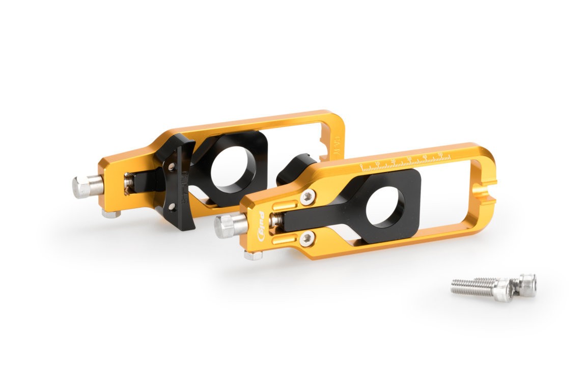 Gold aluminum Puig chain tensioner for Yamaha MT-10 (2016-2020), featuring a sleek design with black accents and adjustable components, includes mounting hardware.