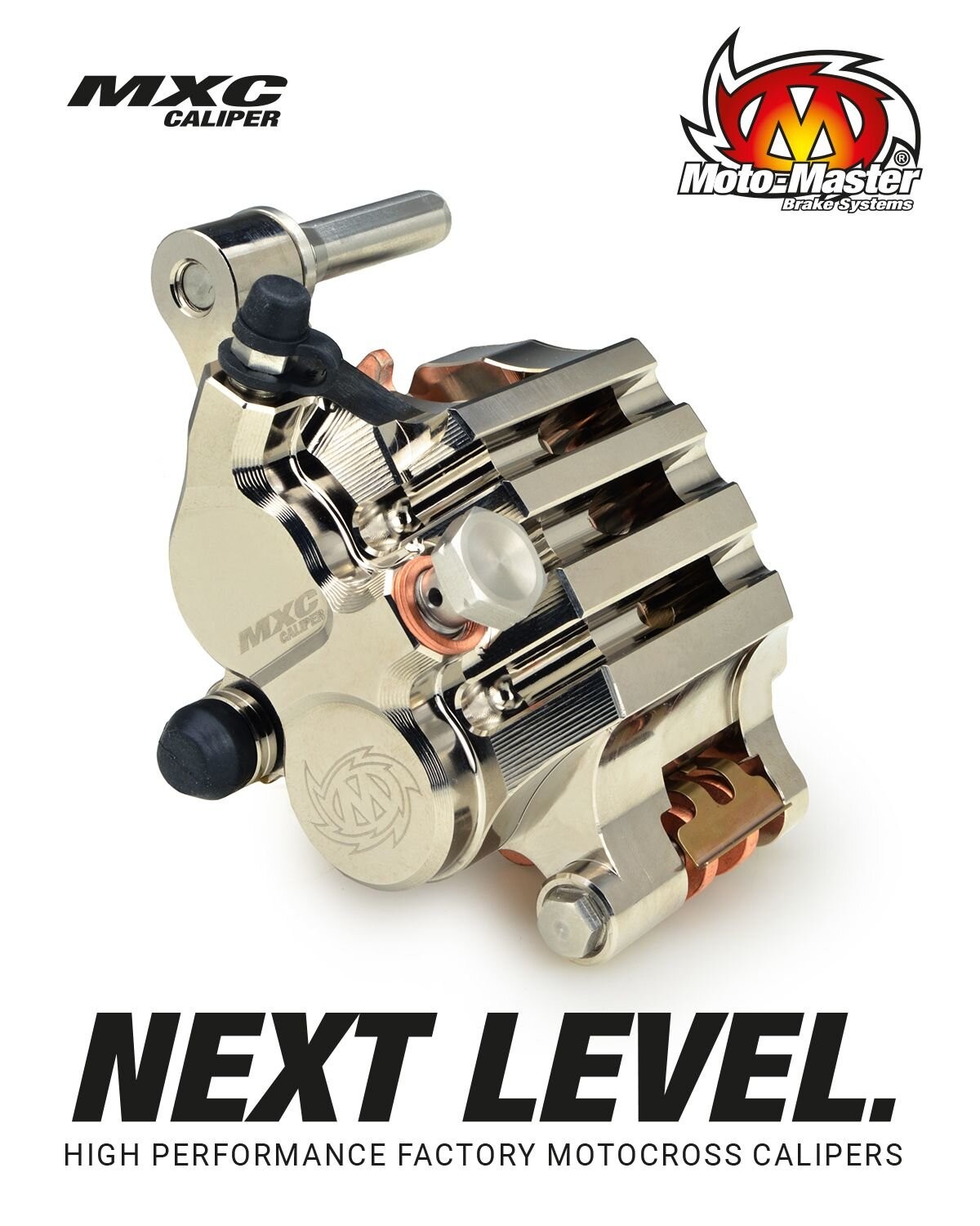 Silver MXC brake caliper designed for Suzuki RMZ450, featuring a sleek metal finish, prominent Moto Master logo, and a compact, high-performance design for motocross applications.