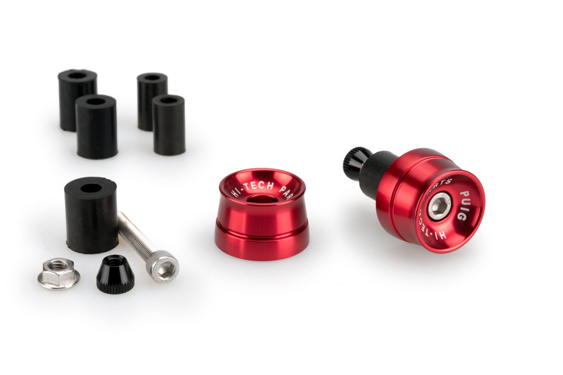 Red aluminum Puig Speed Bar Ends for KTM 125 Duke (2011-2023) with black rubber inserts and various mounting hardware included.