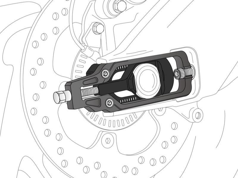 Red Puig chain tensioner designed for Kawasaki ZX-10R models from 2016 to 2025, featuring a sleek, durable design with adjustable components and a prominent central bolt.