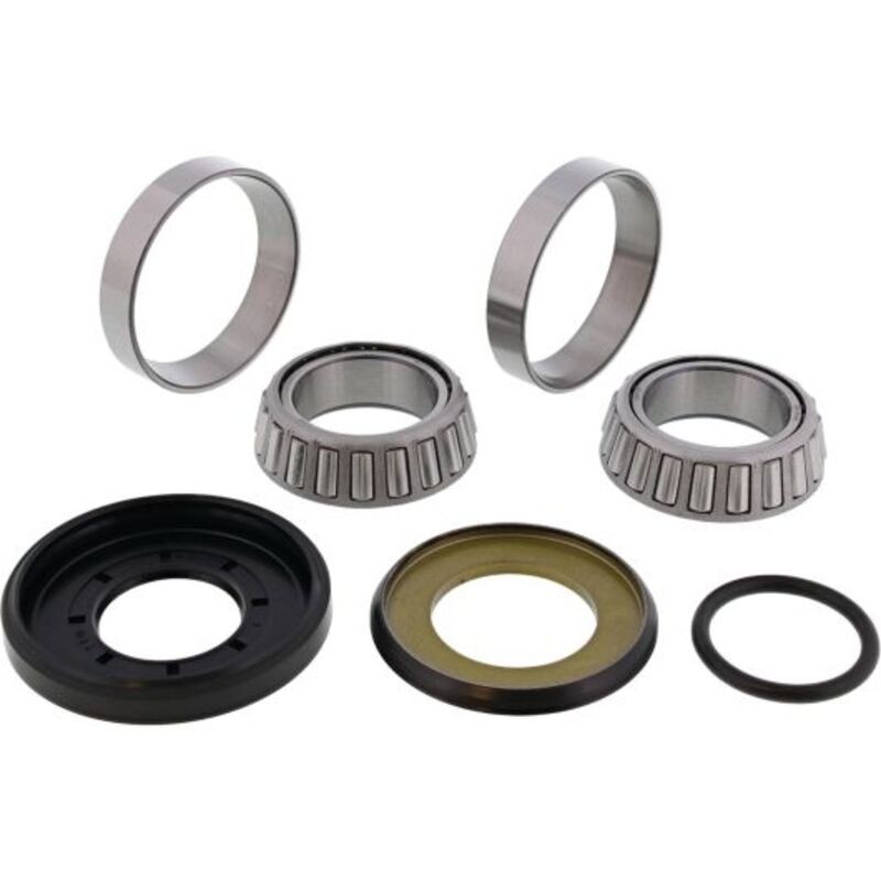 All Balls Steering Shaft Bearing Kit featuring metallic bearings, black rubber seals, and cylindrical spacers, designed for durability and precision in steering applications.