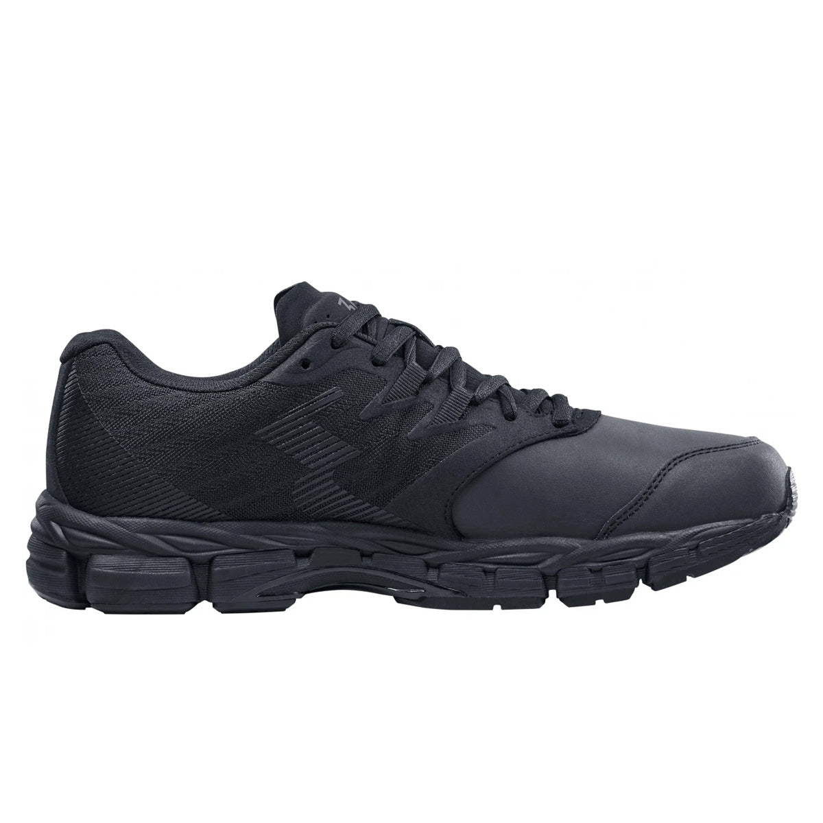 Black athletic shoes featuring a sleek design, mesh and synthetic upper, cushioned sole, and a lightweight construction, ideal for running or casual wear.